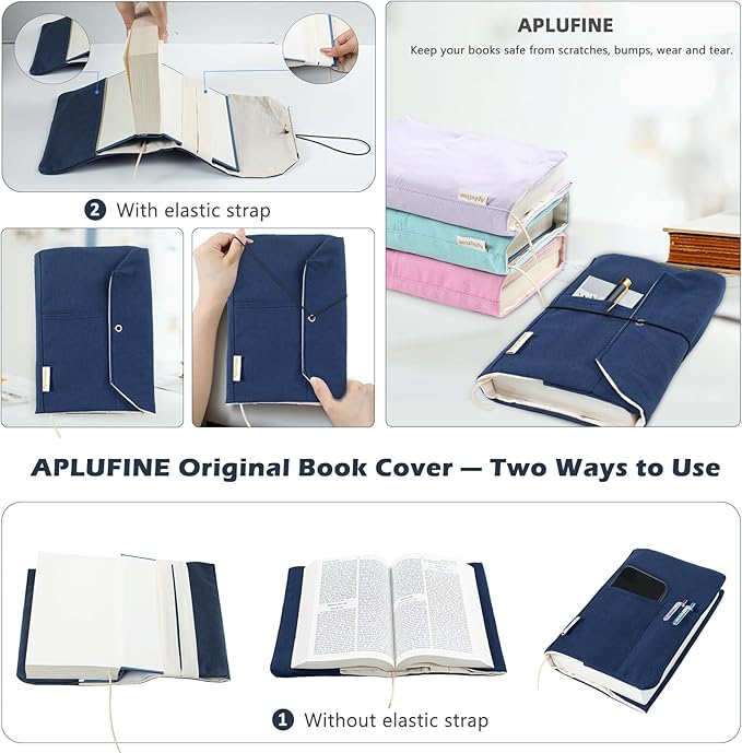 Canvas Book Covers, Washable Book Protector, Book Cover for Paperback Novels, Adjustable Book Cover for Hardcover with Pockets for Pen, Soft Cover Books, Book Lovers Gifts