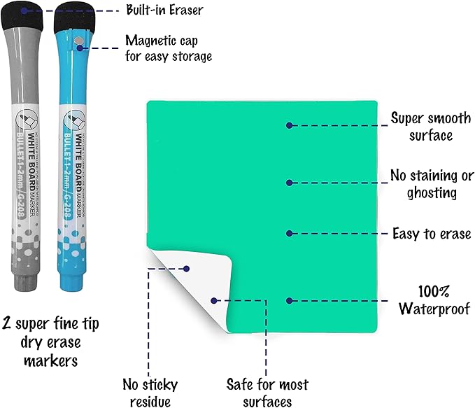 Reusable Dry Erase Sticky Notes - 6 Pack of 4 x4 Multicolor Adhesive Notes - Small Whiteboard Stickers for Labels, Lists, Reminders, and Decals