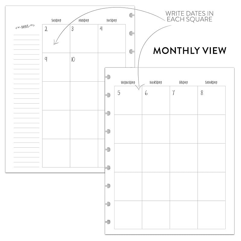 BetterNote Horizontal Undated Calendar Refill Pages for Disc Notebook, fits The Happy Planner, Discbound Levenger Circa, Staples Arc, TUL (Whimsy- 6 months, 9-Disc, 7"x9.25")