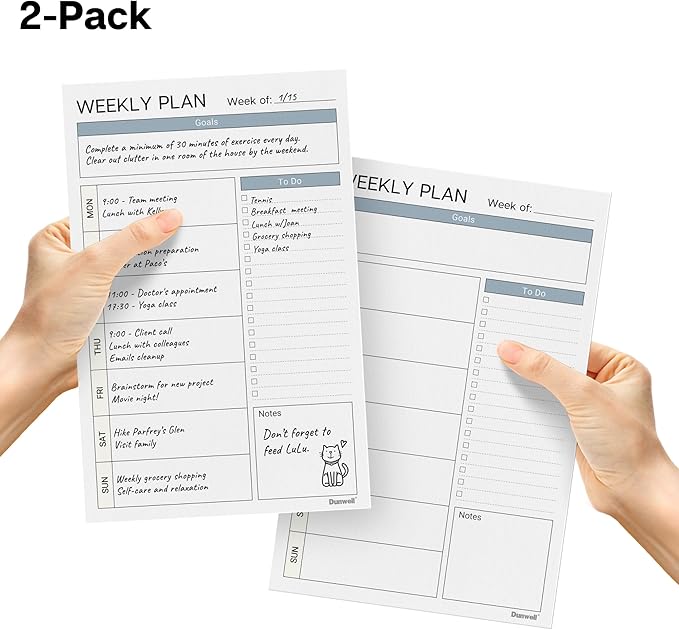 Dunwell Weekly Planner Pads 5.5x8.5, 2-Pack, Each with 54 Tear-Off Pages, Small To Do List Planner, Weekly Schedule Planner Pad, Undated Weekly Planning Desk Pad with To Do List, Goals, Notes