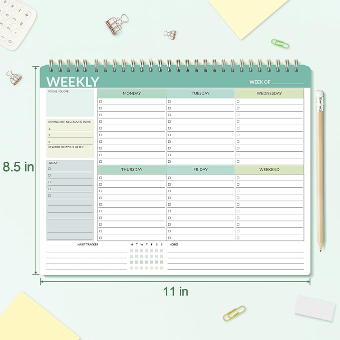 SUNEE Weekly To Do List Notepad - Last for 2 Years, 52 Undated Sheets, 8.5"×11", Spiral Weekly Desk Planner Pad for Adults and Kids, School, Home & Office - Green