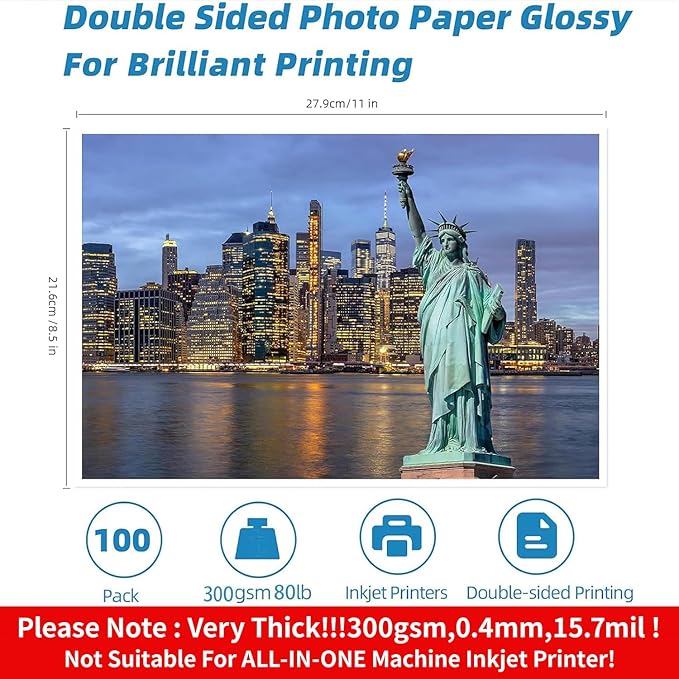 Uinkit 100 Sheets 8.5x11 Letter Size Thick Heavyweight Photo Paper Double Sided Glossy Cardstock 80LB 300Gsm 15.7Mil Brochure, Only for professional Inkjet Printer and Dye Ink
