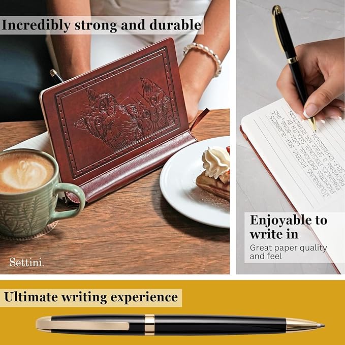 SETTINI® Lined Journal - Cat Journal for Writing Gift Set - Hardcover Vegan Leather, Includes Luxury Pen in a Unique Pen Holder, 192 Pages, 6 x 8.5 inches, Birthday Gifts for Women