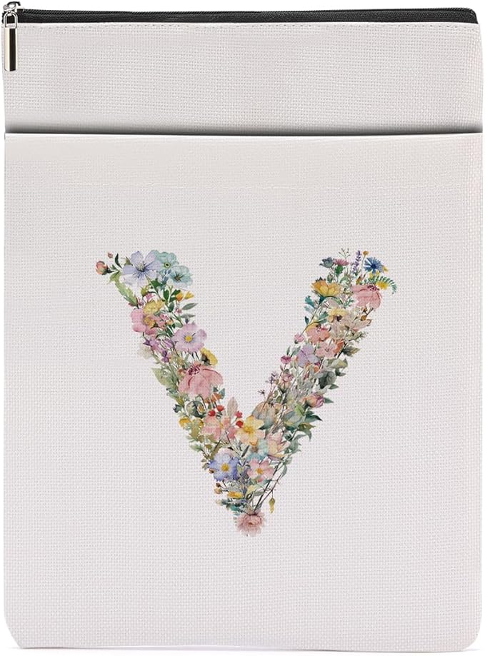 Monogrammed Book Sleeve Floral V Initial Book Pouch Book Accessories Book Lovers Gifts Waterproof Book Cover Book Protector Bookish Gifts Personalized Gifts for Women Girls Readers Bride Sister