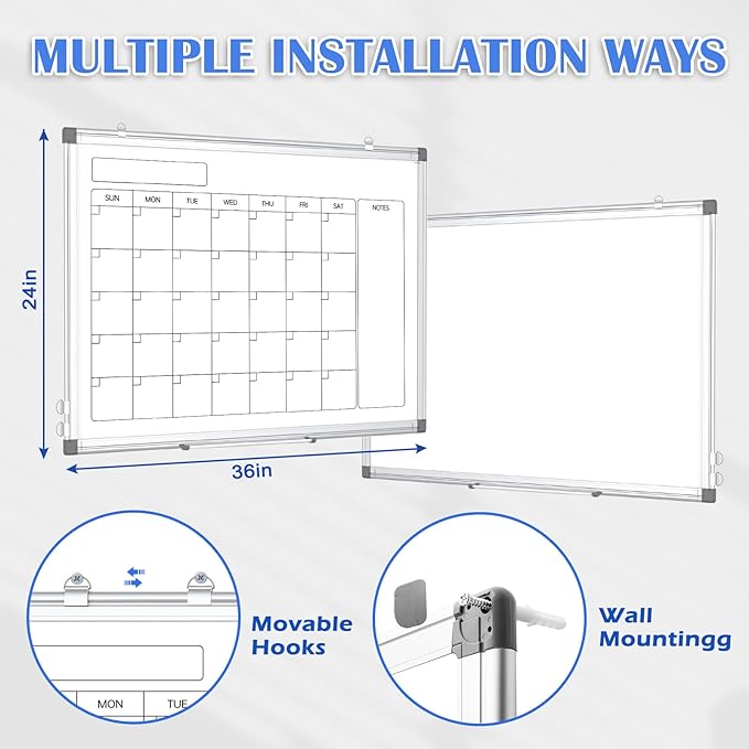Monthly Calendar Dry Erase Whiteboard for Wall, 36" x 24" Double-Sided Calendar White Board, Magnetic Portable Board for Office, Kitchen, School, Home