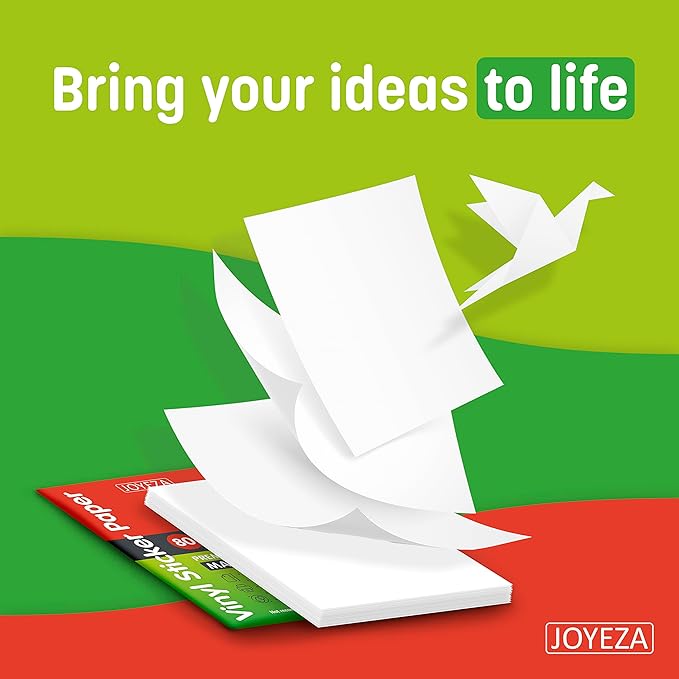 JOYEZA Premium Printable Vinyl Sticker Paper for Inkjet Printer - 80 Sheets Matte White Waterproof, Dries Quickly Vivid Colors, Holds Ink Well- Tear Resistant - Inkjet & Laser Printer