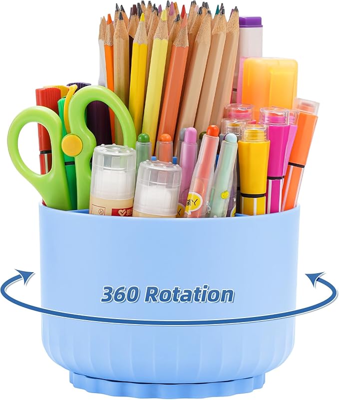 Marbrasse 360-Degree Rotating Pen Pencil Holder, Desk Organizer with 5 Compartments, Art Supply Storage Box Caddy (Sapphire Blue)