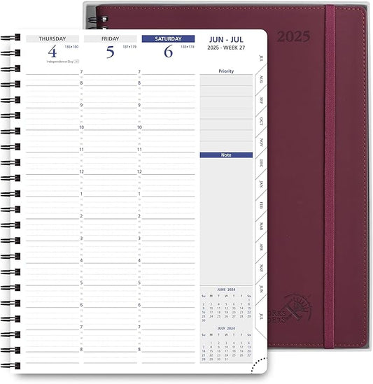 POPRUN 2025 Weekly Planner Spiral Bound with Monthly Tabs 8.5" x 11", Quarter-Hourly Appointment Book with PU Leather Soft Cover, Dual Pockets, Gift Box, Sunday Start - Claret