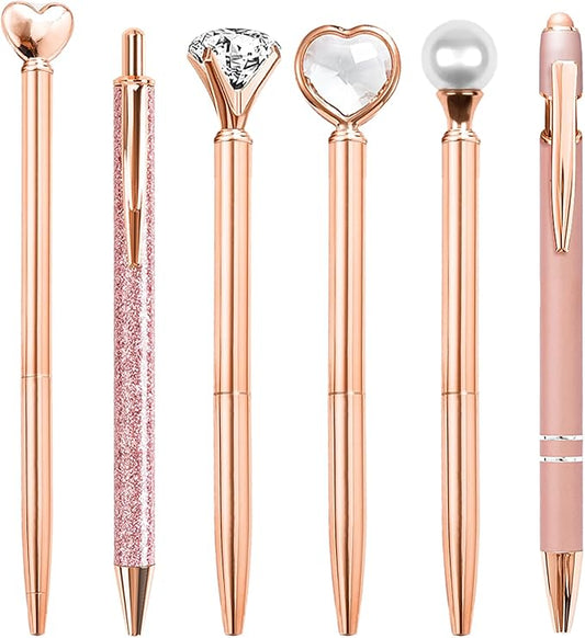 Cute Pens for Women, 6 Pcs Rose Gold Pens Metal Ballpoint Pens Bulk, 1.0mm Medium Point Black Ink Pens, Office and School Supplies Cool Fun Pens Gifts for Women Teacher Nurse (Rose Gold)