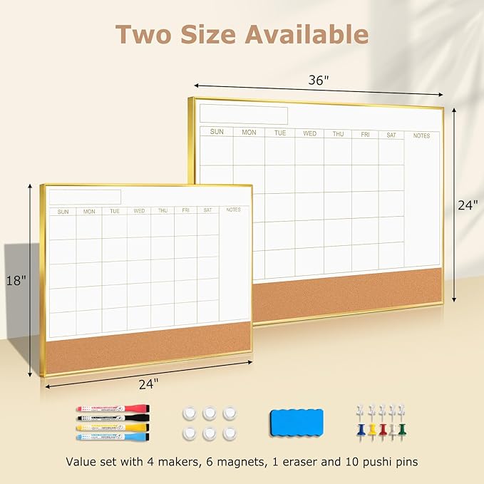 Calendar Whiteboard for Wall - 24'' x 18'' Magnetic Monthly Dry Erase Calendar with Cork Board - Gold Aluminum Frame