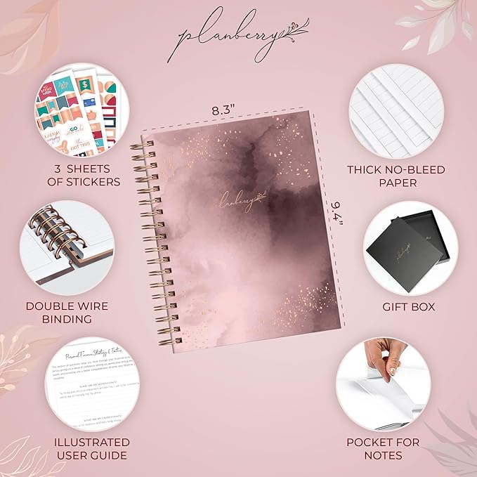 PLANBERRY Large Budget Planner & Monthly Bill Organizer with Pockets – Budgeting Book, Finance & Expense Tracker, 8.3x9.4″ (Rose Gold)