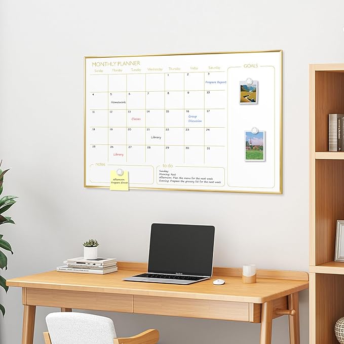 Magnetic Dry Erase Calendar Board for Wall - 36'' x 24'' Monthly Calendar Whiteboard - Gold Aluminum Frame