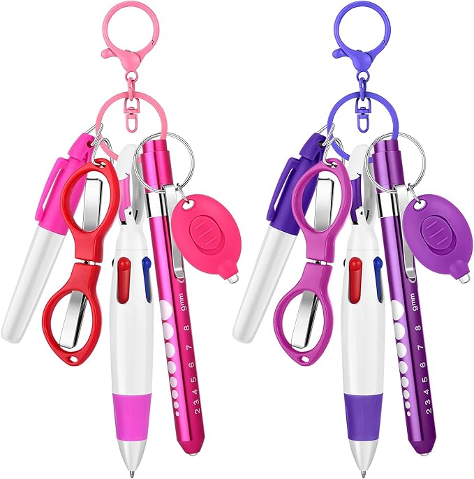 12 pcs Nurse Pen Set Two Colors Pink Purple Include Permanent Marker Pen Pen Lights for Nurses Retractable Ballpoint Pen Nursing Keychain Clip Foldable Scissors LED Flashlight Keychain for Nurses
