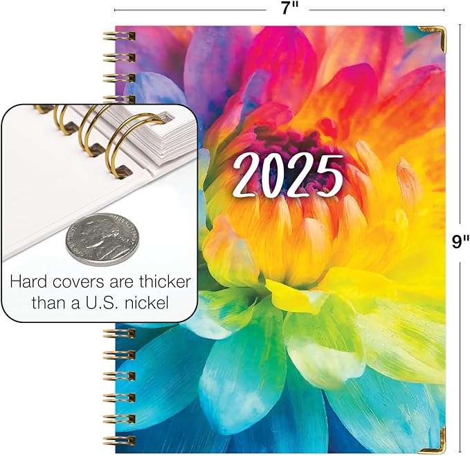 HARDCOVER 2025 Planner, 7"x9": 14 Months (November 2024 - December 2025), Daily Weekly Monthly Planner, Yearly Agenda, Bookmark, Pocket Folder and Sticky Note Set (Rainbow Petals)