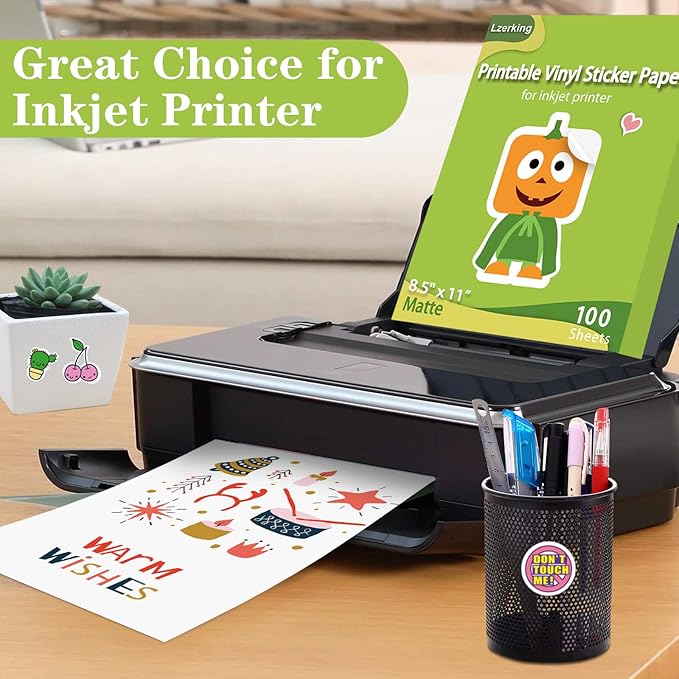 Lzerking Printable Vinyl Sticker Paper for Inkjet Printer 100 Sheets Matte White Waterproof 8.5x11 Inches