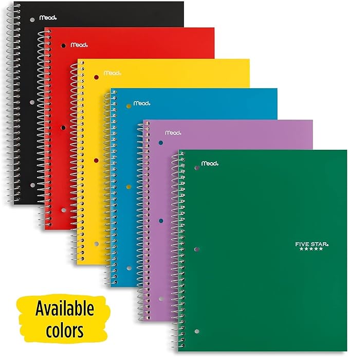 Five Star Spiral Notebook, 3-Subject, Wide Ruled Paper, 10-1/2" x 8", 150 Sheets, Color Will Vary (05204)