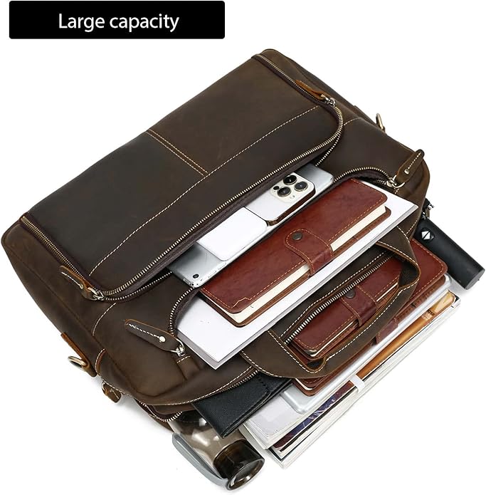 LANNSYNE Vintage 17” Leather Laptop Bag Briefcases For Men, Extra 1 Collection Brown