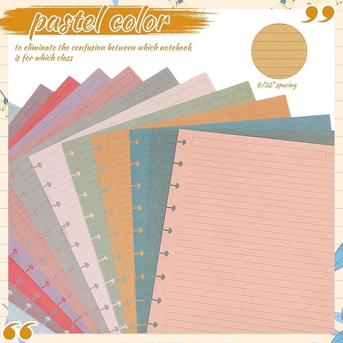 PerKoop 12 Pack 480 Sheets Colored Discbound Refill Paper 8.5 x 11 Inch College Ruled 11 Disc Letter Size Lined Paper Multicolored Refill Notebooks Disc Paper for Refill Paper Journaling (Retro Color)
