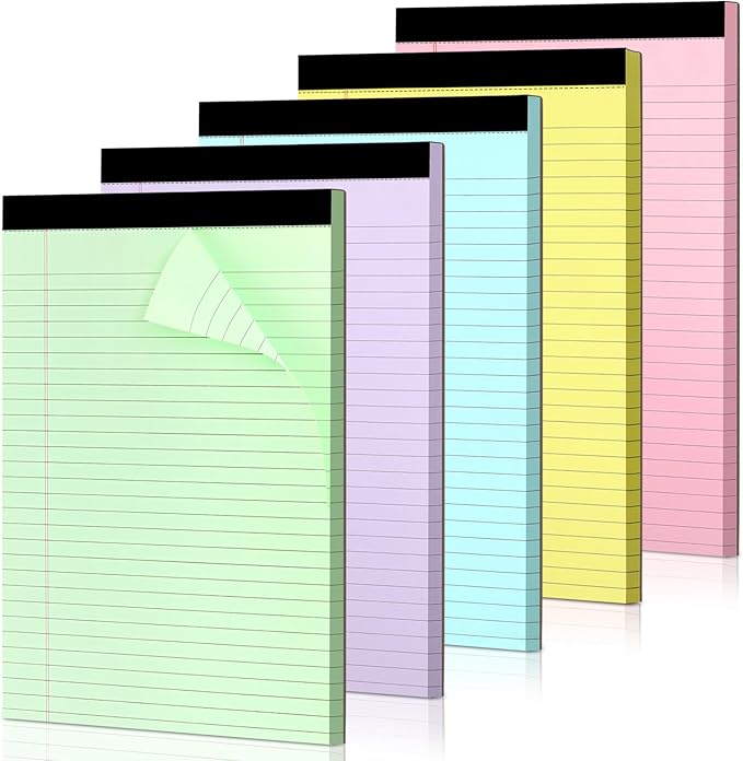 WINKIO Colored Legal Pads,5 Pack Writing Pads 8.5 x 11 inch, Micro Perforated Notebooks with Sturdy Back, Wide Ruled, 30 Sheets Per Writing Pad for School, College, Office, Professional