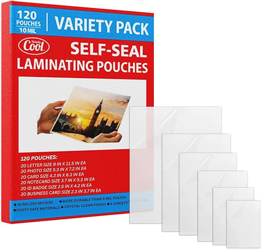 10mil Self-Adhesive Cold Laminating Sheets (120 Variety Count) Letter, Photo, Card, Notecard, I.D. Badge and Business Card Sizes. No Heat, No Machine needed, Easy Self-Sealing Pouches