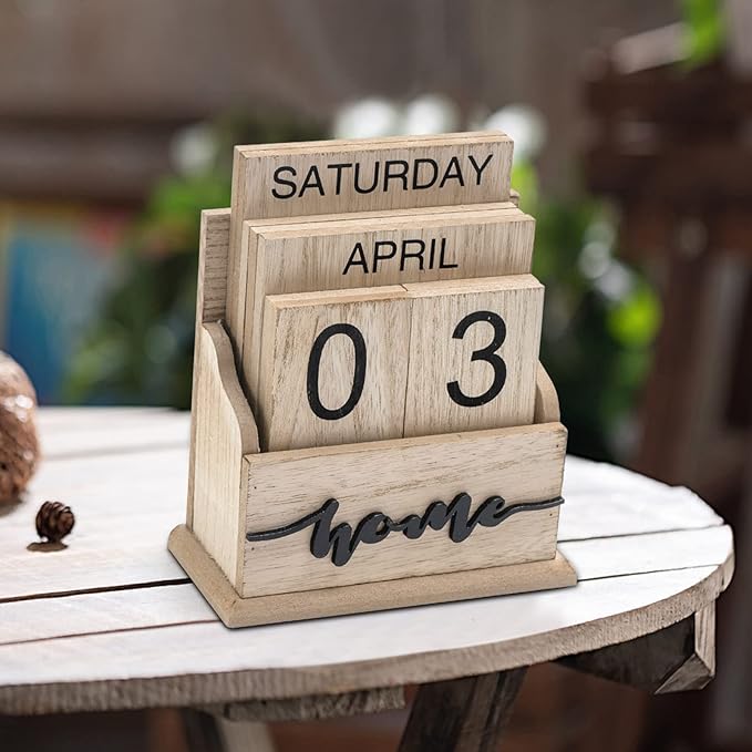 Notakia Perpetual Calendar Wooden Calendar Blocks Vintage Wood Block Calendar for Home Office Desk Accessories Week Month Date Display (Wood Color Home)