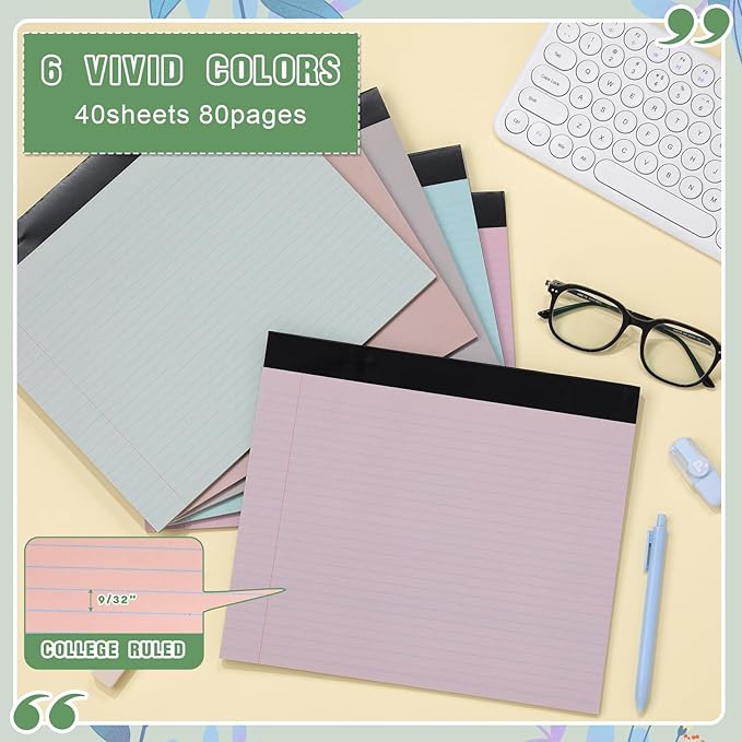 Lincia 11" x 9.5" Legal Pads College Ruled Notepad Landscape Notebook Horizontal Lined Notebook 80 Gsm Assorted Colors Paper Pastel Writing Pads for School Office, 40 Sheet(Boho Color,6 Pcs)