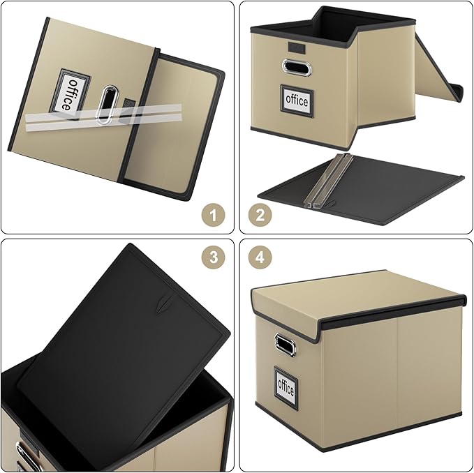 Huolewa Upgraded Portable Leather File Organizer Boxes with Lids, Office Document Boxes Organizer, Filing Boxes, Decorative Small File Boxes for Hanging Files with Plastic Slide for Office/Decor/Home