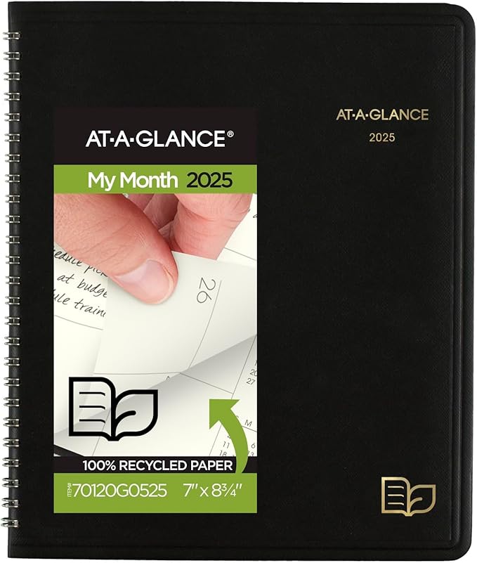 AT-A-GLANCE 2025 Planner, Monthly, 7" x 8-3/4", Medium, Recycled, Black (70120G0525)