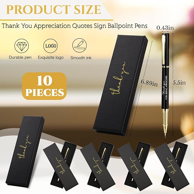 PerKoop 10 Set Thank You Gifts Inspirational Ballpoint Pens with Gift Boxes Bulk Appreciation Party Favors for Employee Coworker Staff Team Friends Office Supplies(Black,Awesome)