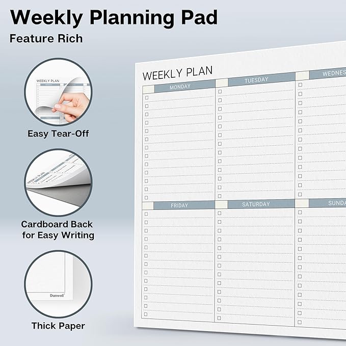 Dunwell Large Weekly Planning Pad, 8.5x11 Weekly To Do List, 54 Letter Size Tear-Off Pages, Undated Weekly Desk Planner Pad, Productivity Planner with 7-Day Checklist, Matching Notepad