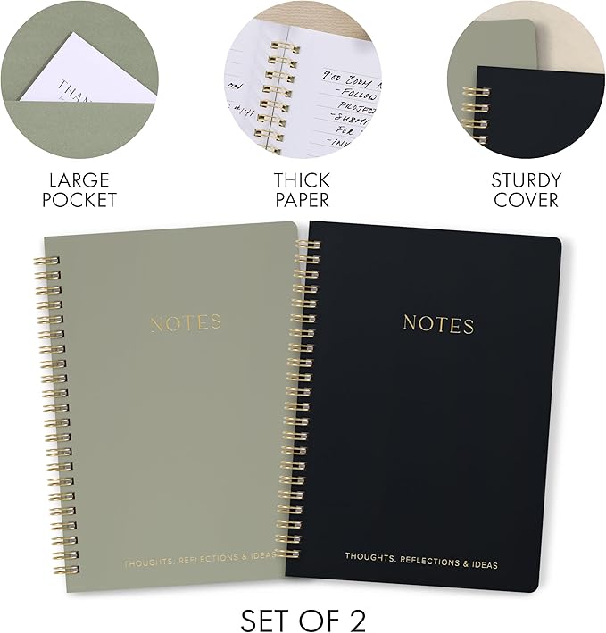 Aesthetic Spiral Notebook Set of 2 For Women and Men - Cute College Ruled 8x6 Bible Study Journal/Notebook with Pockets And Lined Pages - Perfect A5 Supplies to Stay Organized at Work or School