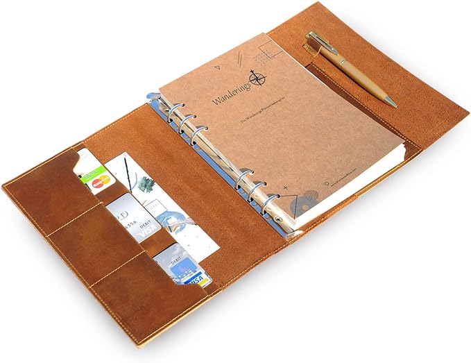 WANDERINGS Refillable A5 Leather Binder Journal - 8.5x6-6 Ring Binder Organizer with Pockets - Hand-Crafted Genuine Leather Folio - Filofax Compatible. 52 Weeks with Notes Section