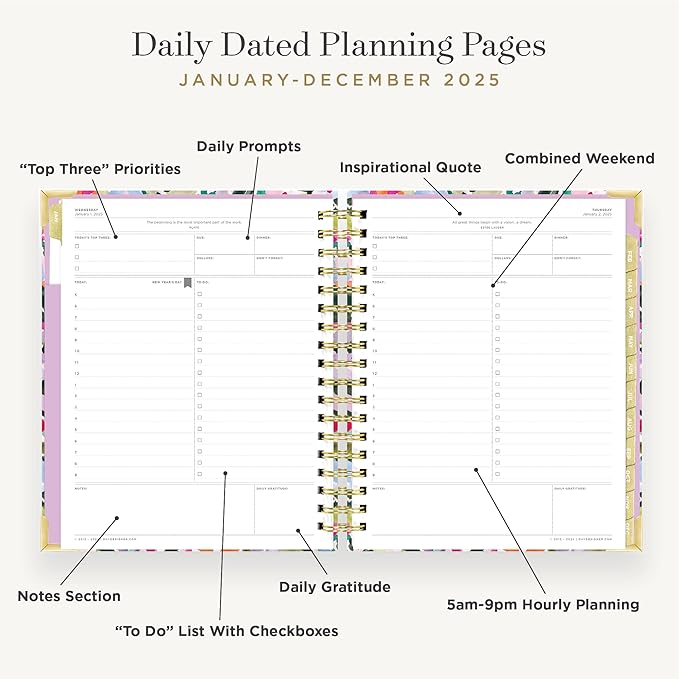 Day Designer 2025 Daily Planner – Premium Planner for Stylish Organization. Combines Monthly Calendar, Hourly Schedule, To-Do List, Gratitude, Goal Setting, Inspirational Quotes, Stickers & More. Elegant laminated Cover with Gold Accents (Blurred Spring)