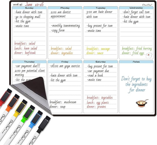 CLEVER CLEAN Magnetic Dry Erase Weekly Calendar - 14.25"x11.25" Weekly Calendar for Fridge - 6 Extra Fine Point Markers Included - Shipped Flat