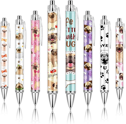 Ireer 8 Pcs Ballpoint Pens for Women 1.00 mm Cute Black Ink Fancy Pens Fine Point Smooth Writing for Journaling Aesthetic Office Supplies(Pug)