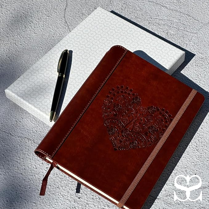 SETTINI® Lined Journal - Heart Journal for Writing Gift Set - Hardcover Vegan Leather, Includes Luxury Pen in a Unique Pen Holder, 192 Pages, 6 x 8.5 inches - Birthday Gifts for Women