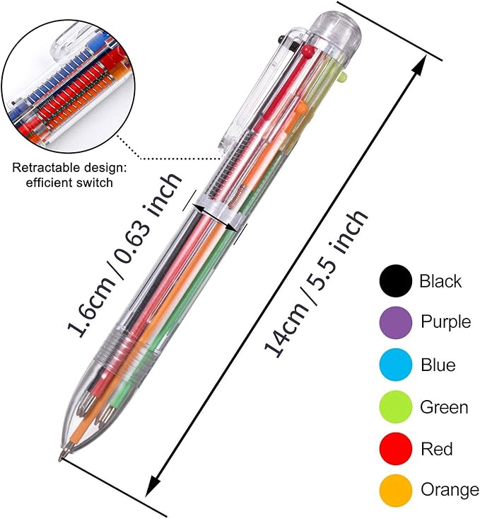 EEOYU 23 Pack Multicolor Pens 0.5mm 6-in-1 Retractable Ballpoint Pens 6 Colors Transparent Barrel Ballpoint Pen for Office School Supplies Students Children Gift