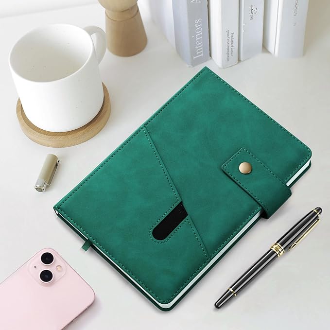 A5 Leather Journal Notebook with Pen, 200 Pages Hardcover Journal with Pocket, 100gsm Thick Lined Paper Daily Diary for Men and Women, Great Gift for Business School Travel Personal - Green