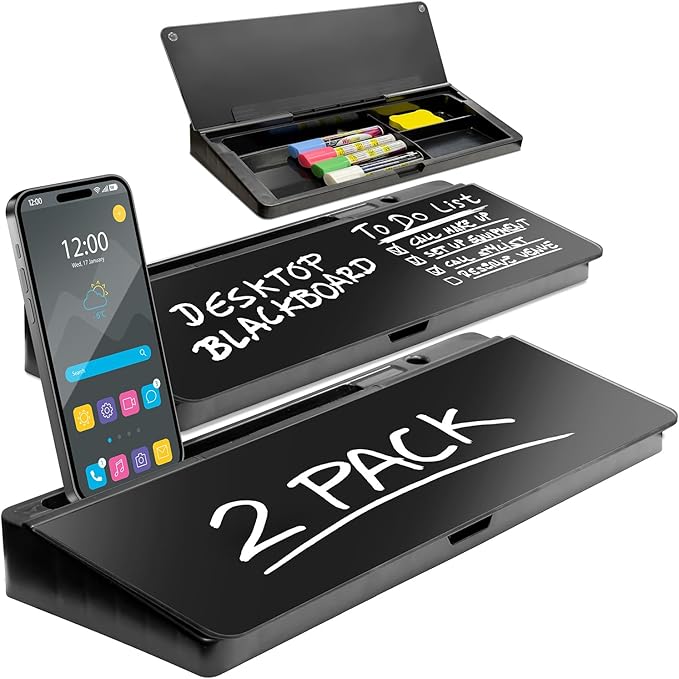 Desktop Whiteboard - Glass Dry Erase White Board - Desk Computer Buddy – Home Office & Studying Essentials - with Phone & Tablet Slot, Storage - Includes 4 Markers, 1 Eraser, Black (2 Pack)