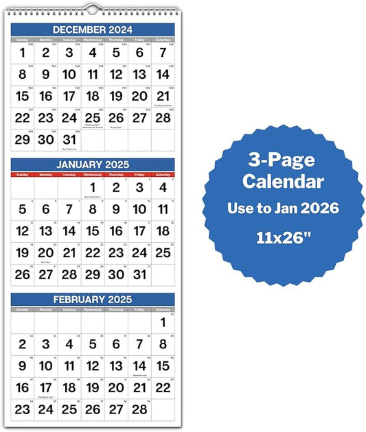 Dunwell Three Month View Calendar 2025 (Blue), 11x26" Open, 3-Month Wall Calendar Vertical, Use to December 2025, Tri Panel Calendar, Ships Folded