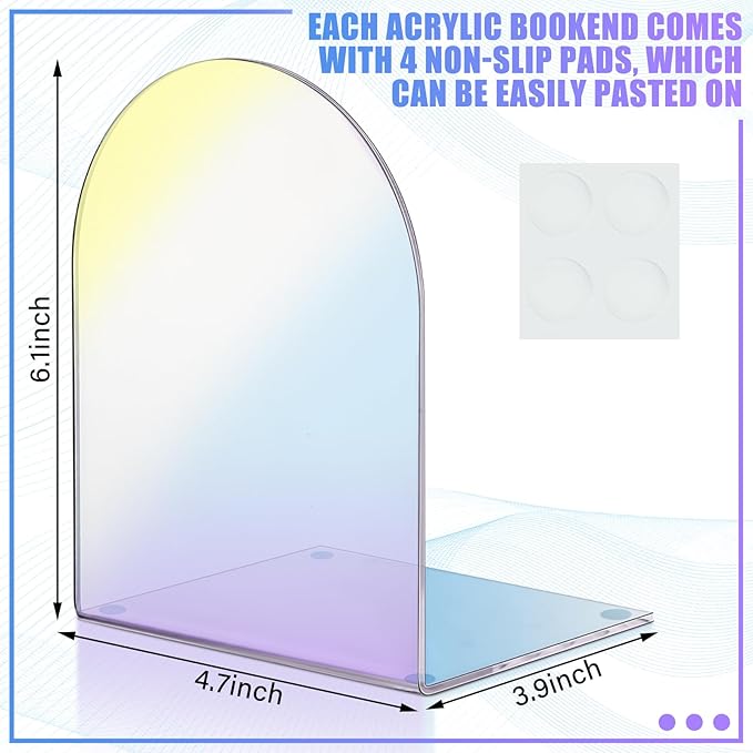 Harloon 4 Pcs Acrylic Book Ends for Shelves Plastic Arch Clear Non Skid Heavy Duty Bookends Desktop Organizer l Dividers Book Stopper for Office(Laser Color)