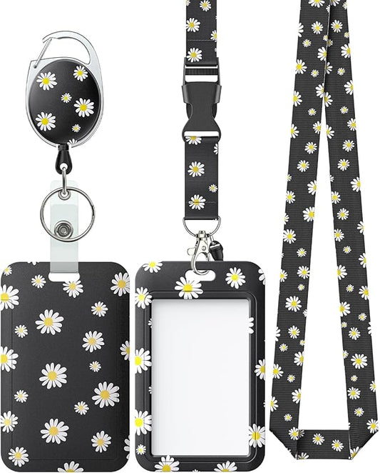 Uniclife Floral Sliding Badge Holder White Flower Plastic Case with Retractable Badge Reel Carabiner Clip & Detachable Lanyard Strap Fashionable Vertical Card Protector for Women Nurse Teacher Student
