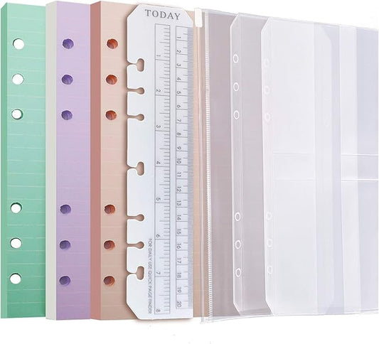 Chris.W A5 Refills Paper, 3 Pack 40 Sheets A5 Colorful Ruled Binder Paper, 3 Pcs Binder Pockets, 1 Page Marker - 6 Hole Notebook Inserts for 6 Ring Refillable A5 Binder Notebook Planner