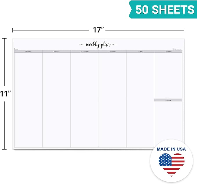321Done Jumbo Weekly Planning Desktop Notepad - 50 Sheets (11" x 17") - Landscape Days of Week Desk Planner, Extra Large - Made in USA - Simple Script