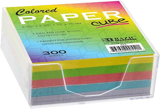 BAZIC Color Paper Cube w/Durable Tray, 3" X 3" 300 Count/Pack, Mini Memo Papers Pads Note Paper Reminders (Non Sticky), Assorted Colors, 1-Pack
