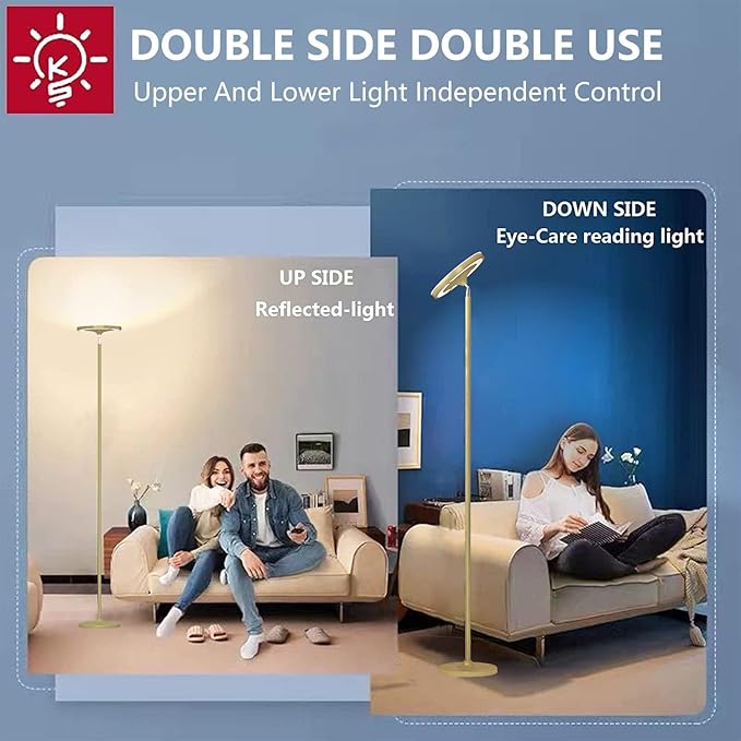 Keepsmile Gold Double Side Lighting LED Floor Lamp with Remote Smart App 36W 2600LM Bright Tall Standing RGB Floor Lamp Angle Multicolor Dimmable Modern Floor Lamps for Living Room Bedroom