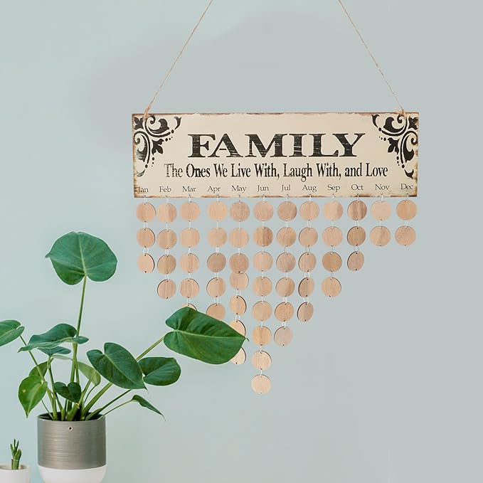 WINOMO Family Birthday Board Plaque DIY Hanging Wooden Birthday Reminder Calendar for Mom Dad Grandma Grandpa with 50pcs Round Discs