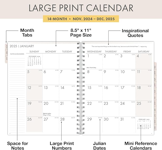 Essential PRO 2025 Daily, Weekly & Monthly Planner, 8.5"x11": 14 Months (Nov 2024 - Dec 2025) Monthly Tabs,Daily Tracking,Notes Pages,Storage Pocket,Bookmark w Sticky Notes (Teal Floral)