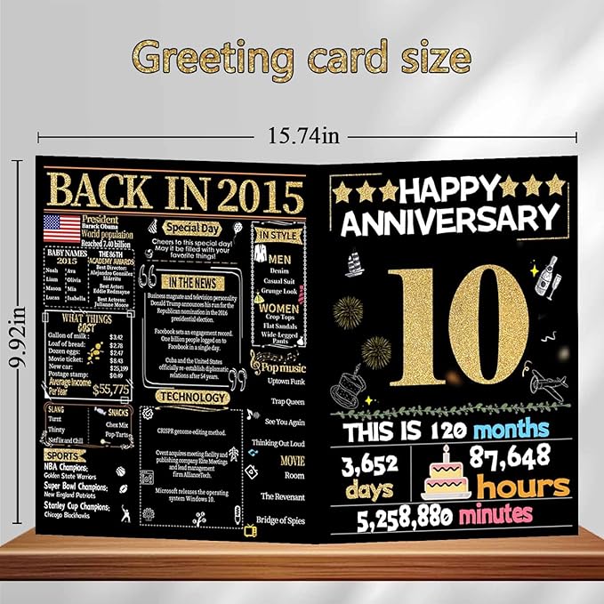 Joycard 10th Anniversary Card for Women Men, Gold Wedding Card for Wife Husband, Sweet Marriage Decorations Gifts for Couple, Perfect for Her Him on Anniversary Day, Tin Wedding Card, Back in 2015