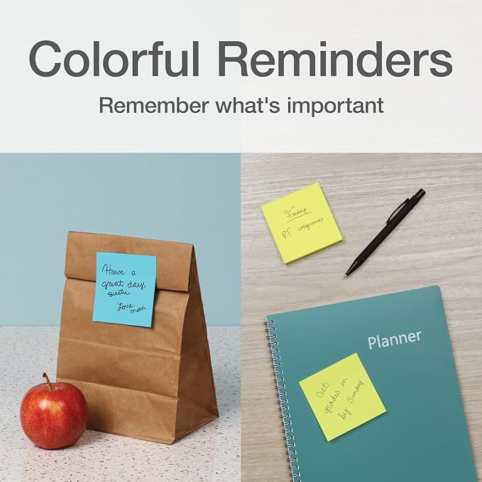 Redi-Tag Sticky Notes, Power Stick Notes, Adhesive Reminders, 3" x 3" Reusable Notes, Strong Adhesive Memos, Assorted Bright Colors, 24 Pack (1000978)